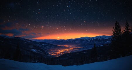 Fototapeta premium Night Sky Over Snowy Mountains and Glowing Valley Town