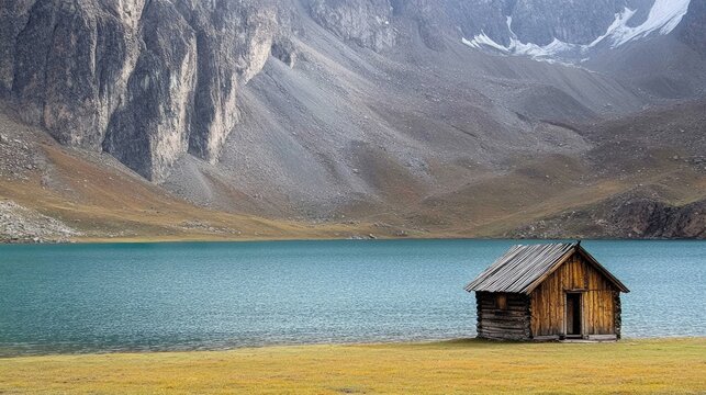 Isolated Wooden Shelter Overlooking the Majestic Kol-Suu Lake in Kurumduk Valley, Naryn Province, Kyrgyzstan