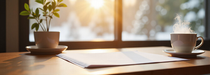 Blank letter and coffee cup on a wooden table with sunlight streaming through the window