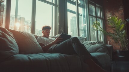 Relaxed young adult reading on couch in modern urban apartment.