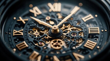 Close-up view of a mechanical watch's intricate inner workings, featuring Roman numerals and golden gears.