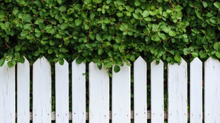 Fototapeta premium Charming White Picket Fence Framed by Lush Greenery: A Serene Abstract Garden Escape