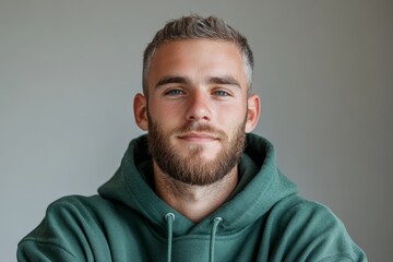 Obraz premium Young man with beard wearing green hoodie poses confidently in front of neutral background
