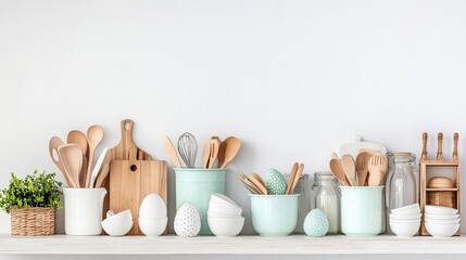 Easter theme kitchenware, utensils and decor on a white shelf or counter. Banner against a white wall background with copy space. Spring home kitchen cooking concept. 