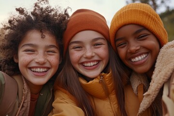 Fototapeta premium Joyful group of friends enjoying a chilly day outdoors with bright smiles and warm hats in a natural setting