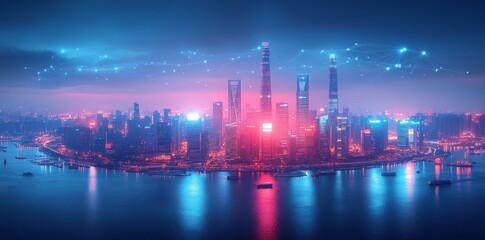 Beautiful Skyline of Shanghai at Night Showcasing Skyscrapers Illuminated by Colorful Lights Along the River With Reflections and a Digital Aesthetic