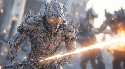 Fototapeta premium Futuristic Alien Warrior in Battle - 3D Render with Glowing Spear and Elaborate Tattoos, Ultra-Detailed Digital Artwork