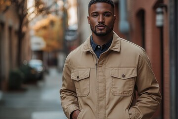 Fototapeta premium Stylish urban fashion: confident man in casual jacket walking down city street.