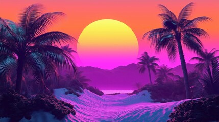 A bold vaporwave sunset scene with neon palm trees, glowing dunes, and a radiant yellow-to-pink gradient sun, set against a tropical mountainous backdrop for a retro-futuristic vibe