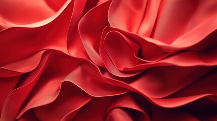 Fototapeta premium Red silk satin. Beautiful soft folds. Shiny fabric. Bright luxury background. Space for design. Christmas, Birthday, Valentine day, Valentine, Mother's day, festive. Banner. Flat lay, Table top view.