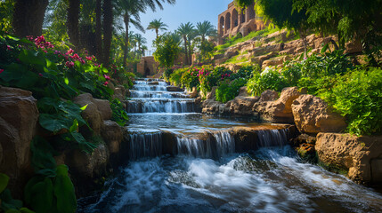 An immersive view of the Hanging Gardens of Babylon focusing on flowing streams that wind through vibrant terraced gardens.