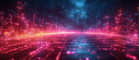 Fototapeta premium Futuristic neon cityscape with glowing lights.