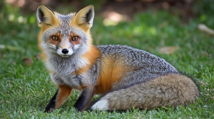 Fototapeta premium Gray fox sitting in green grass, looking at camera.