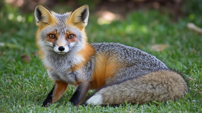 Gray fox sitting in green grass, looking at camera.