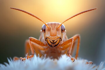 Close-up view of an orange insect on a white flower with a blurred background during daylight
