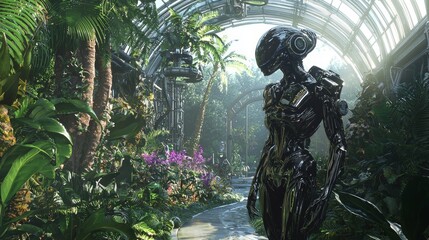 Extraterrestrial Botany: Alien Botanist Studying Rare Plants in Vibrant Sci-fi Greenhouse | 3D Render Digital Artwork