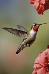 Fototapeta premium Hummingbird in Flight: A detailed capture of a hummingbird hovering near a flower. 