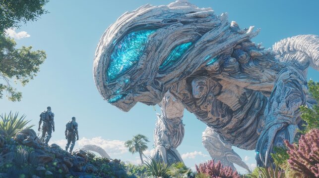 Majestic Alien Protector - Awe-Inspiring 3D Render of Alien Creature Standing Guard Among Explorers in Lush Environment