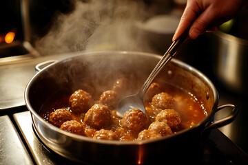 A hand stirs savory meatballs in rich sauce, filling the warm kitchen with inviting aromas