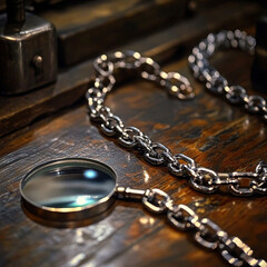 A stylish magnifying glass rests on a wooden surface, showcasing intricate metal chains and a vintage feel.