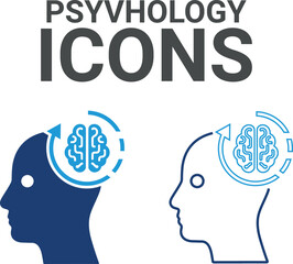 Psychology icons. Containing mind, brainstorming, head, neuron, cognition, thinking, intelligence and more. Solid vector icons collection.