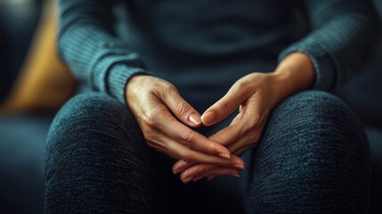 Hands resting on knees in contemplation during a quiet moment at home