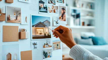 A person pins a photo of their dream home on a vision board for inspiration.