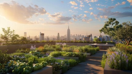 Obraz premium Urban Rooftop Garden with City Skyline at Sunset