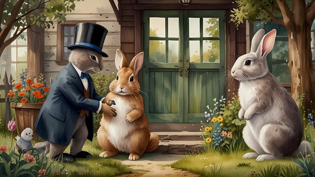 Watercolor victorian bunny, easter bunnies in the garden. Idea for drawing clipart, children's book, nursery decor, and birthday party.