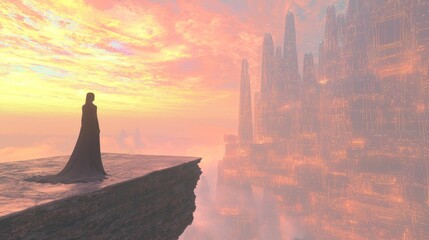 Ethereal Encounter - Enigmatic Sci-Fi Woman Beholding Alien Cityscape at Twilight | Mesmerizing Digital 3D Artwork