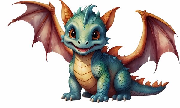 recommend clip art: Watercolor cute orange - blue baby dragon on white background.