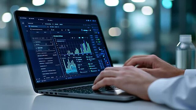 Close Up of Professional Hands Typing on Laptop in Minimalist Office