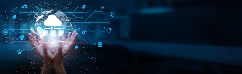Hands holding globe with network connecting data of cloud computing and scalable storage solutions, virtual platforms, secure infrastructures, global accessibility, seamless collaboration worldwide.