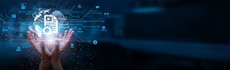Hands holding globe with network connecting data of Content Management Systems, Digital Assets, and...