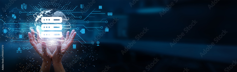 Poster hands holding globe with network connecting data of hosting, cloud services, scalable solutions, sec