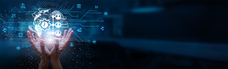 Hands holding globe with network connecting data of enterprise resource planning, business processes, organizational efficiency, operational management, customer relations, global economic development