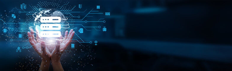 Hands holding globe with network connecting data of Hosting, cloud services, scalable solutions, secure infrastructure, global accessibility, seamless integration, reliable performance, technology.