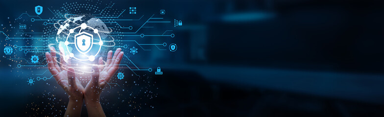 Hands holding globe with network connecting data of Network Security, including encryption,...