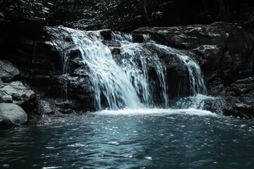 Fototapeta premium Serene Waterfall Cascading Over Dark Rocks