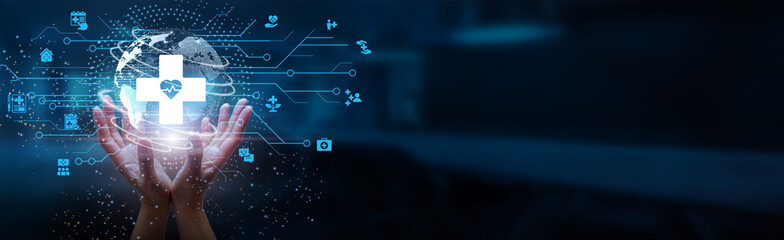 Hands holding globe with network connecting data of patient information and medical research,...