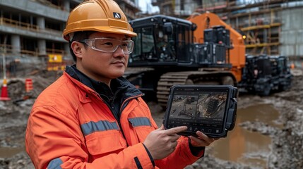 Construction worker using tablet with digital display on a construction site, focused on the task..