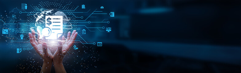 Hands holding globe with network connecting data of processes, compliance standards, reports,...