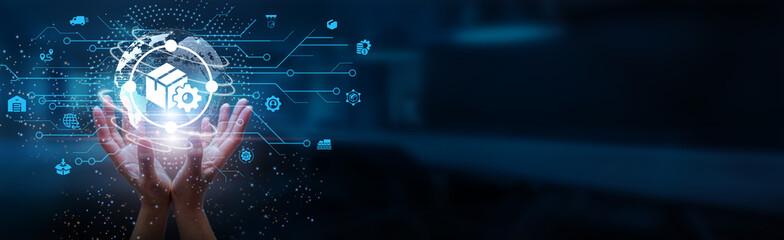 Hands holding globe with network connecting data of supply chain management, logistics,...