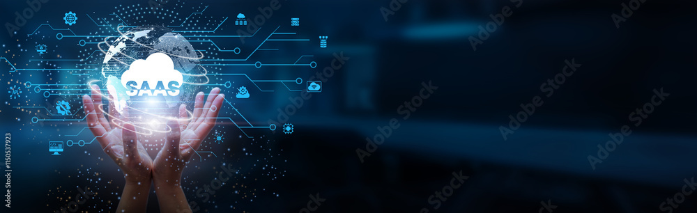 Poster saas. hands holding globe with network connecting data of cloud-based software, user applications, a