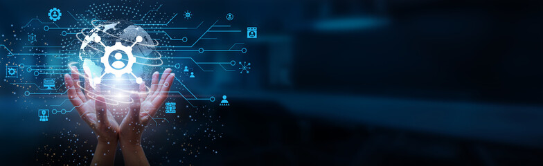 Network Administration. Hands holding globe with network connecting data of servers, routers, switches, security protocols, bandwidth management, user access controls, firewalls, network monitoring.