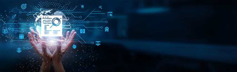 SEO. Hands holding globe with network connecting data of search engine optimization, content marketing, keywords research, link building, online visibility, and digital marketing strategies.
