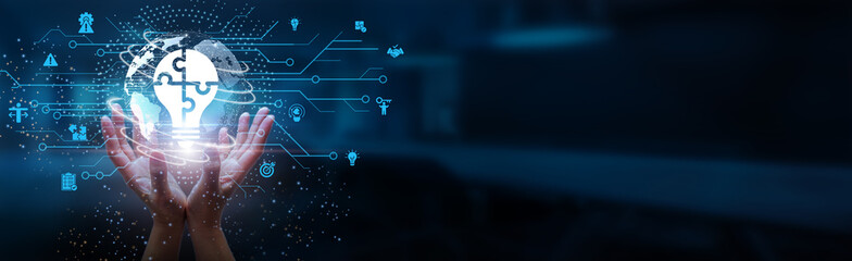 Solutions. Hands holding globe with network connecting data of innovative solutions and sustainable solutions transforming global challenges into actionable solutions.