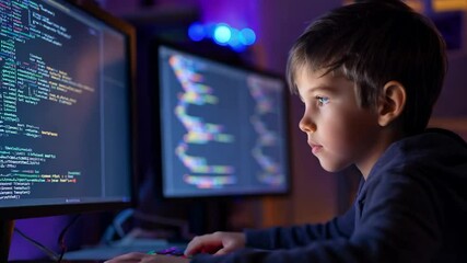 Young boy focused on coding in a dimly lit room with dual computer screens displaying colorful programming scripts