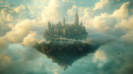 A surreal floating city amidst clouds, blending nature and urban architecture.