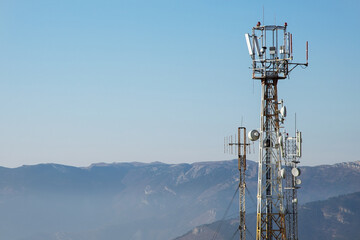 tower with antennas for mobile 5G, 4G, 3G, mobile technologies, new generation communications